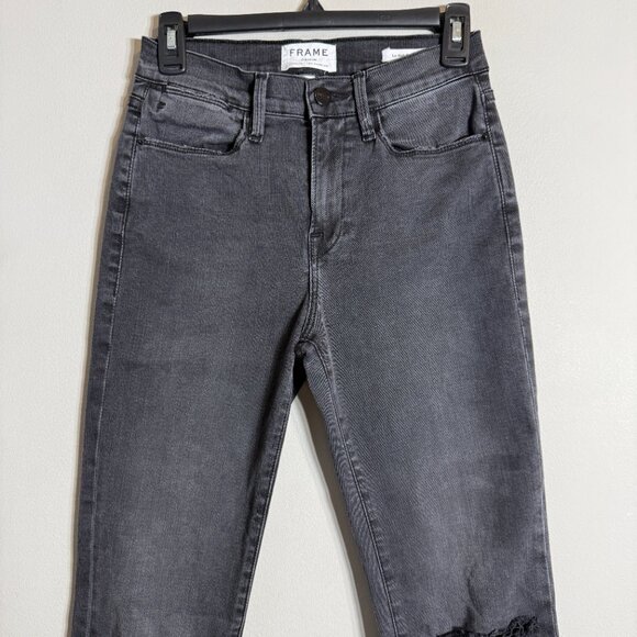 Frame Le High Straight Leg Denim Jeans Womens 26 Molony Black Distressed Raw Hem - Picture 7 of 16